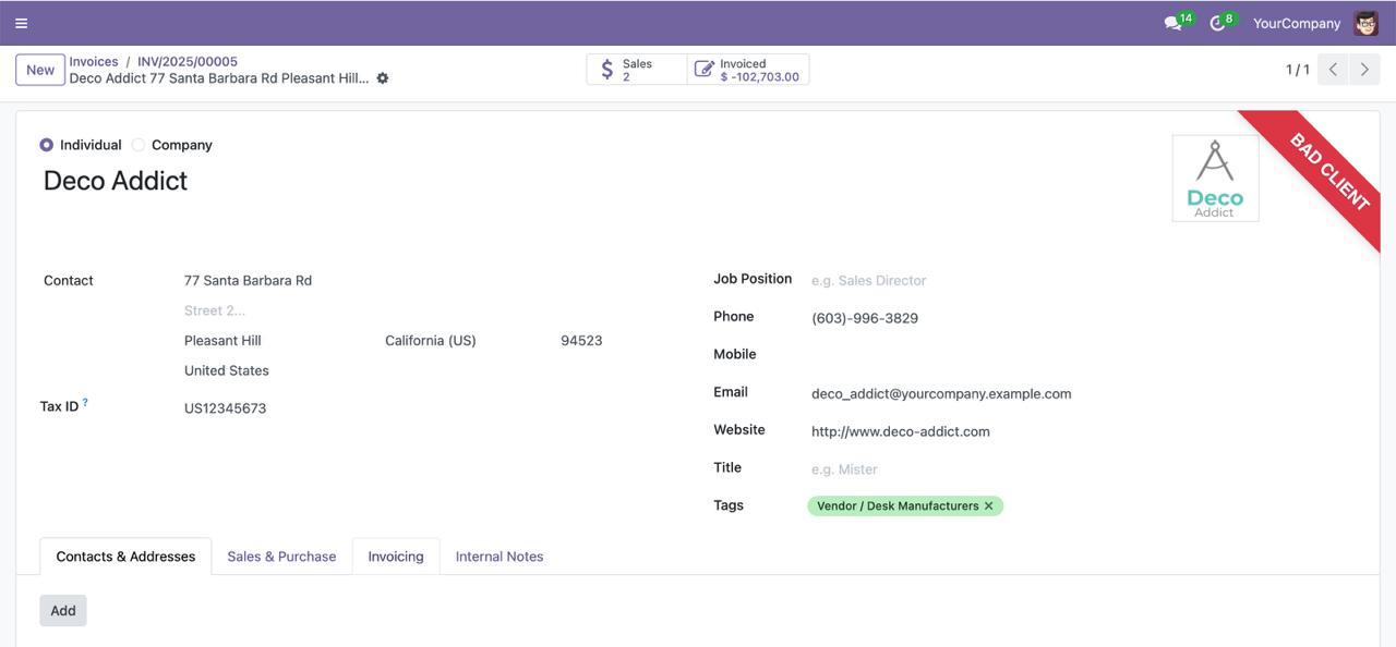 Odoo Client Status and Credit Rating Module interface showing customer classification ribbons
